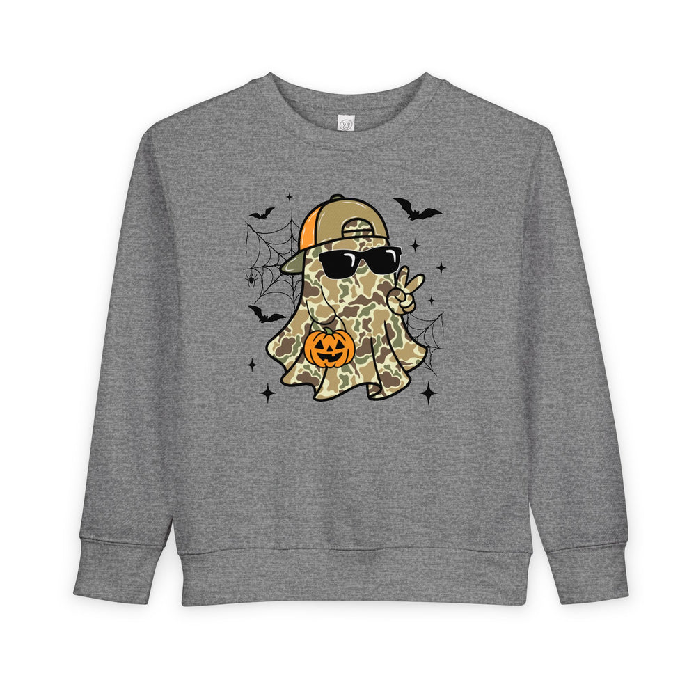 Candy Ghost Toddler Crew: Heather-gray sweatshirt featuring a camo-clad ghost with sunglasses, a backward cap, peace sign, jack-o’-lantern bucket, bats, and spiderwebs.