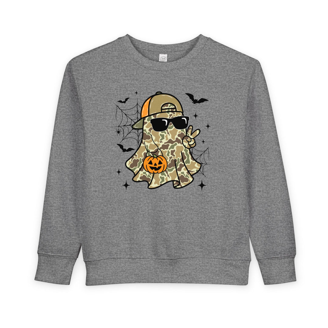 Candy Ghost Toddler Crew: Heather-gray sweatshirt featuring a camo-clad ghost with sunglasses, a backward cap, peace sign, jack-o’-lantern bucket, bats, and spiderwebs.