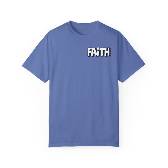 A relaxed fit Walk By Faith Not By Sight Tee in blue, featuring a white logo on ring-spun cotton. Garment-dyed for coziness, with double-needle stitching for durability. Ideal for daily wear.