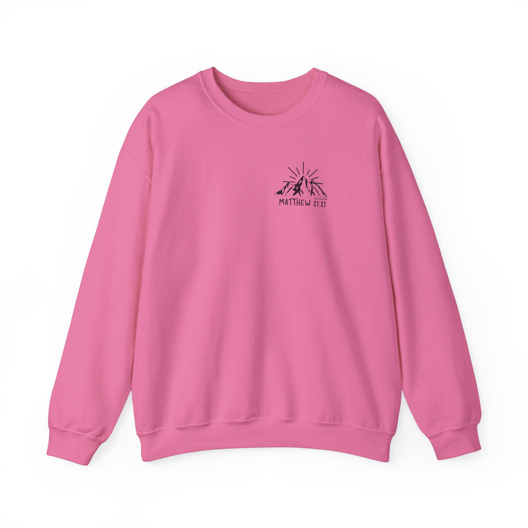 Unisex Faith Can Move Mountains Crew sweatshirt, featuring a logo of a mountain with sun rays. Heavy blend fabric for comfort, ribbed knit collar, and durable double-needle stitching. Ethically made with 50% cotton and 50% polyester.
