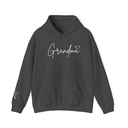 A cozy Grandma Love Hoodie, a black sweatshirt with white text. Unisex heavy blend, cotton-polyester fabric for warmth and comfort. Features kangaroo pocket and matching drawstring hood. Classic fit, tear-away label, true to size.