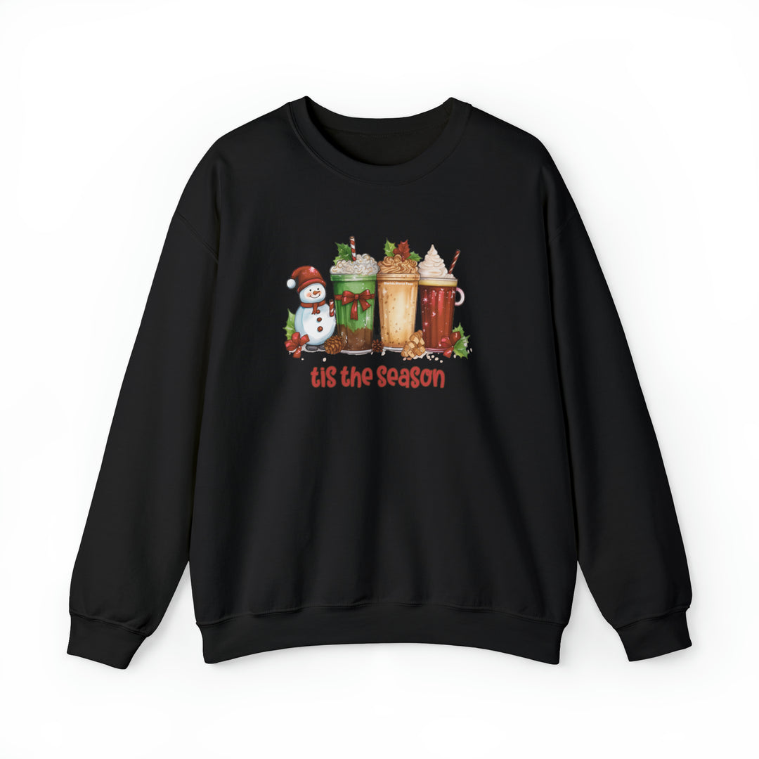 A black crewneck sweatshirt featuring a festive Christmas design. Unisex heavy blend with ribbed knit collar, 50% cotton, 50% polyester, loose fit, no itchy side seams. From 'Worlds Worst Tees'.