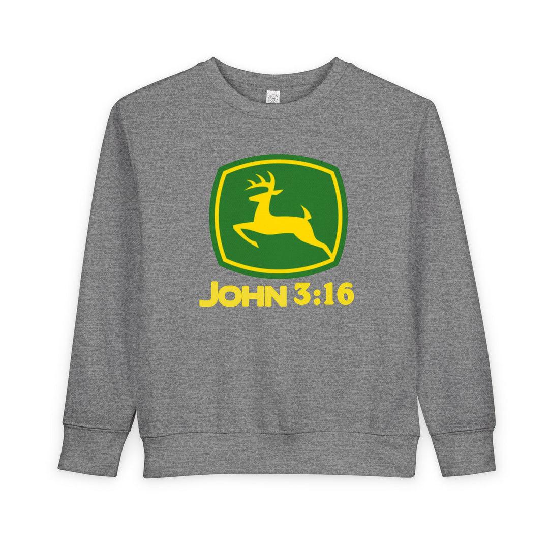 Gray toddler crewneck sweatshirt featuring a green-and-yellow leaping deer emblem with JOHN 3:16 in bold yellow, designed for warmth and style.