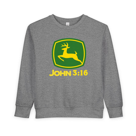 Gray toddler crewneck sweatshirt featuring a green-and-yellow leaping deer emblem with JOHN 3:16 in bold yellow, designed for warmth and style.