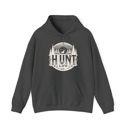 A black Hunt Life Hoodie with white logo, featuring a deer and birds design. Unisex heavy blend, cotton-polyester fabric, kangaroo pocket, and drawstring hood. Classic fit, tear-away label, medium-heavy fabric.