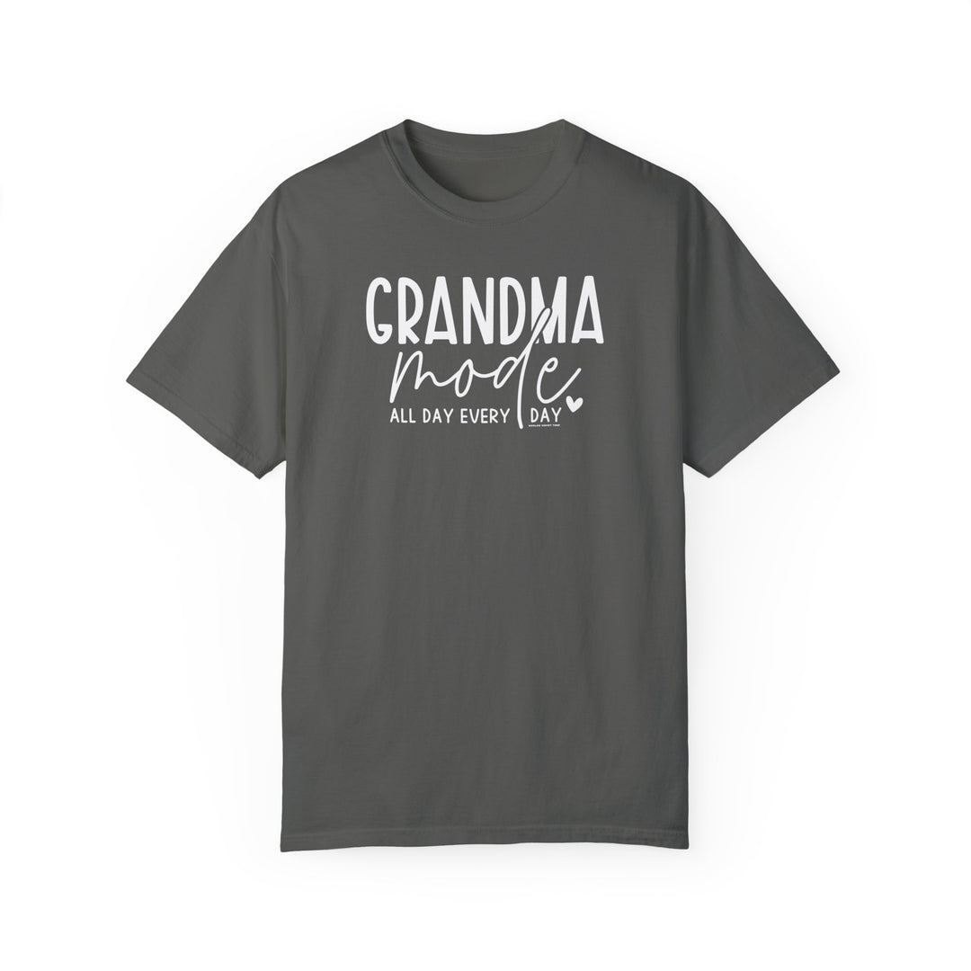 Grandma Mode Tee: A grey t-shirt with white text, 100% ring-spun cotton, medium weight, relaxed fit, double-needle stitching for durability, and seamless design for comfort.