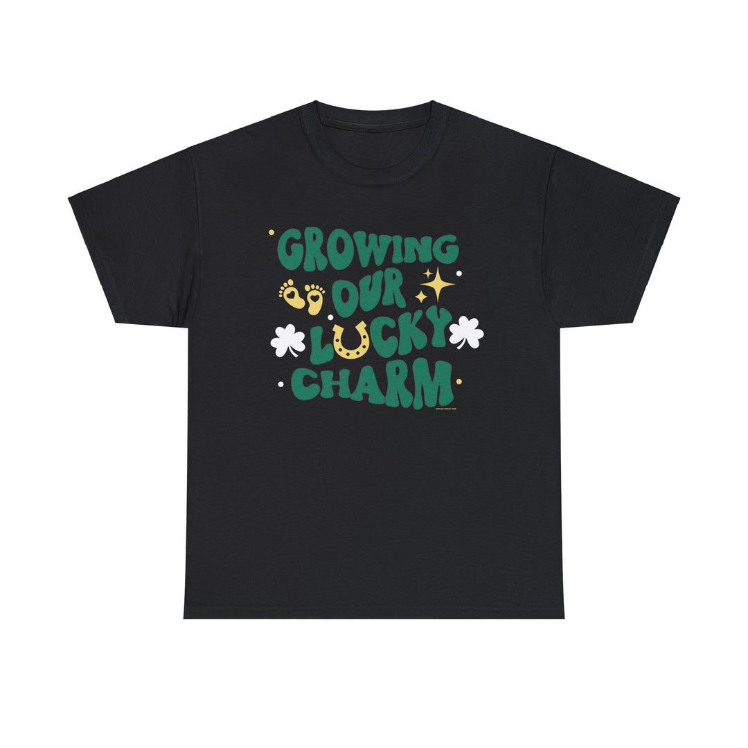 Unisex Lucky Charm Tee: A black t-shirt featuring green and yellow text, made of 100% cotton for year-round comfort. Classic fit with no side seams for a smooth, durable wear. Ethically produced by Gildan.