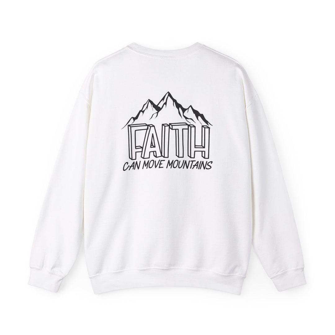 Unisex heavy blend crewneck sweatshirt featuring Faith Can Move Mountains design. Made of 50% cotton and 50% polyester, ribbed knit collar, and double-needle stitching for durability. Ideal for colder months.
