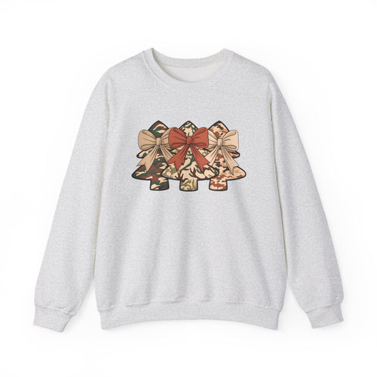 Camo Christmas Trees Crew: Light-gray sweatshirt with camouflage Christmas trees and bows, blending comfort with unique style. Ideal for seasonal wear, featuring a ribbed-knit collar.
