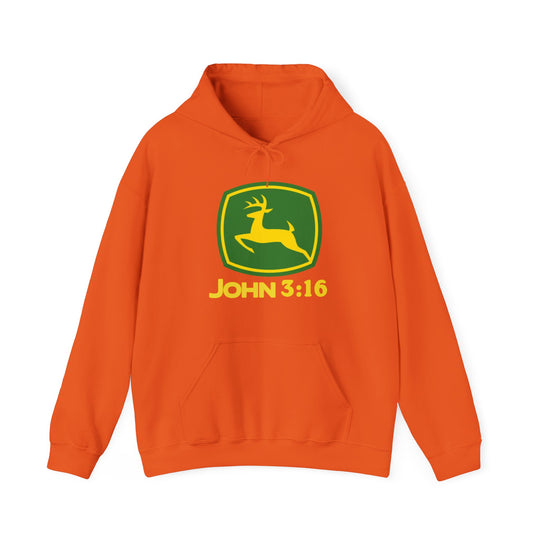 Orange hoodie with John 3:16 spoof logo featuring a leaping yellow deer on a green badge, blending humor with comfort in a cozy cotton-polyester mix.