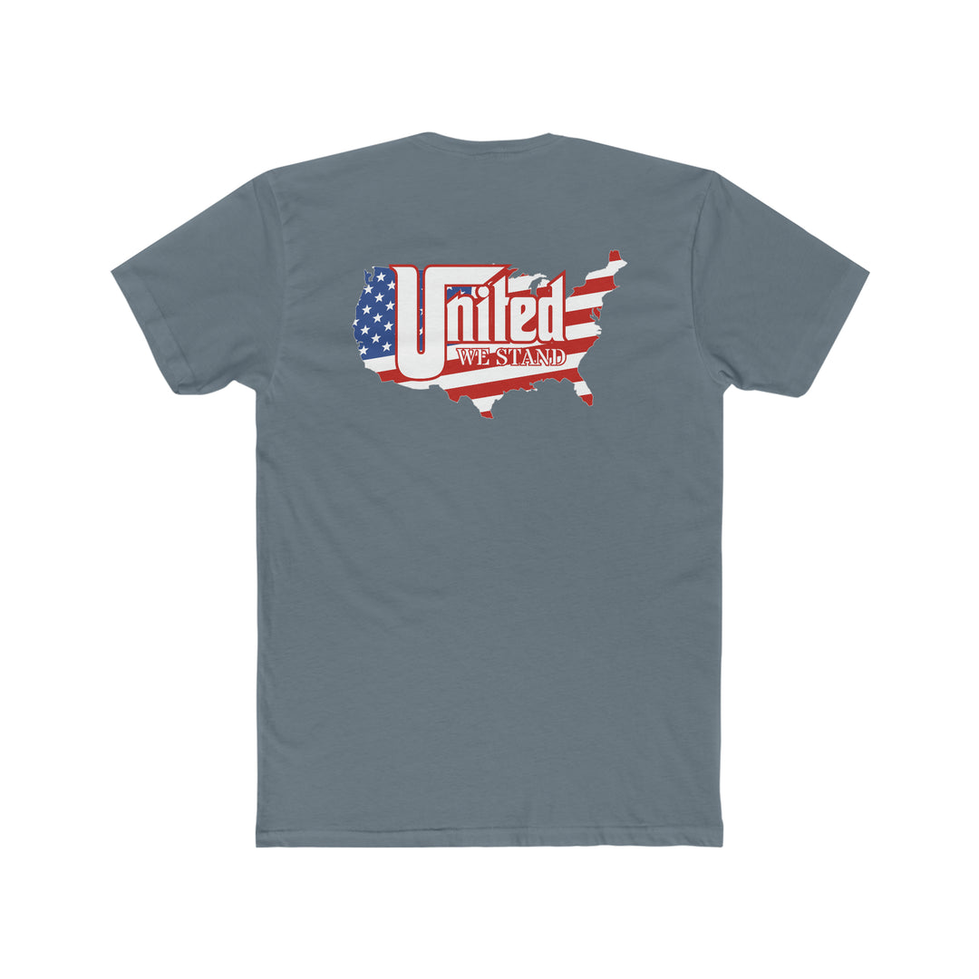 United We Stand Tee: Grey shirt featuring a map of the United States flag on the back. Comfy, light, premium fit tee made of 100% combed, ring-spun cotton. Ideal for workouts or daily wear.