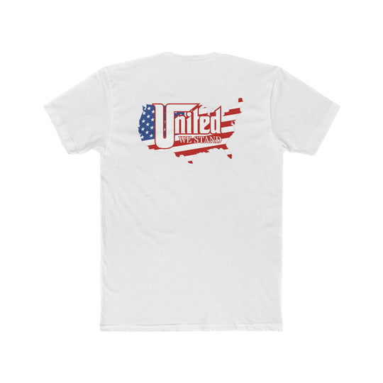 White t-shirt featuring a map of the United States with a flag design. Premium fitted, 100% combed cotton tee for a comfy, light feel. Ideal for workouts or daily wear.