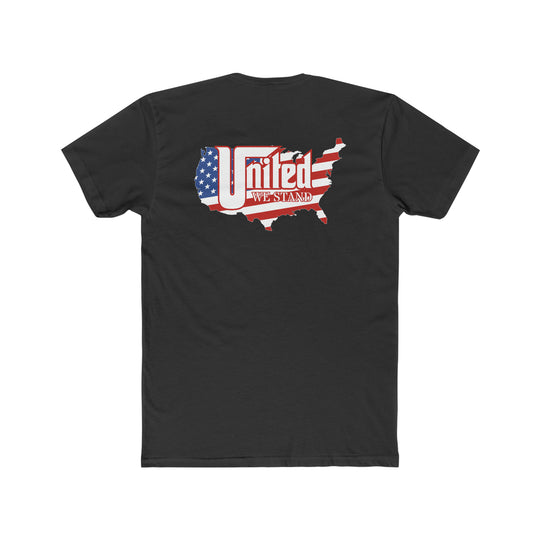 A premium United We Stand Tee, featuring a black shirt with a map of the United States. Comfy and light, 100% combed, ring-spun cotton, with a high-quality print for workouts or daily wear.
