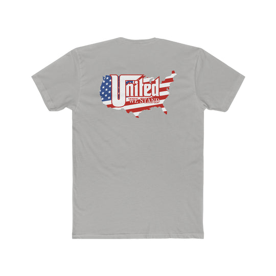 United We Stand Tee: A grey shirt featuring a map of the United States and a flag on the back. Premium fit, 100% combed cotton, light fabric. Ideal for workouts or daily wear.