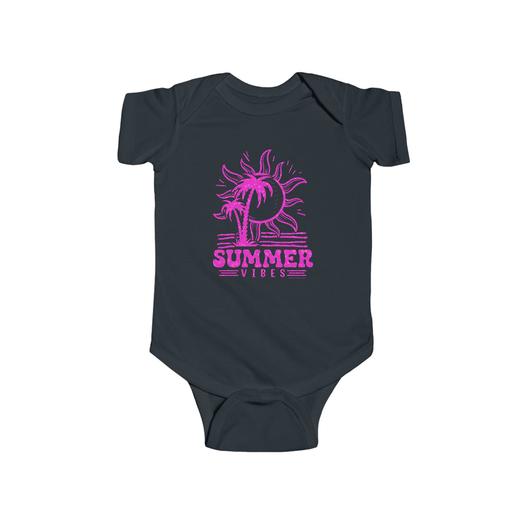 A black baby bodysuit featuring a pink sun and palm trees, embodying Summer Vibes Onesie from Worlds Worst Tees. Made of 100% cotton, with ribbed bindings and plastic snaps for easy changing access.