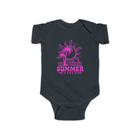 A black baby bodysuit featuring a pink sun and palm trees, embodying Summer Vibes Onesie from Worlds Worst Tees. Made of 100% cotton, with ribbed bindings and plastic snaps for easy changing access.