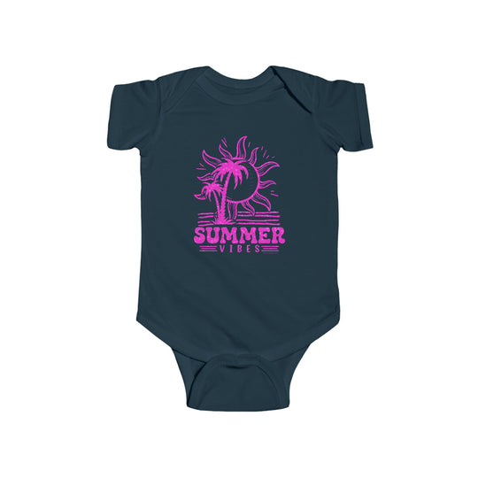 A summer-themed infant fine jersey bodysuit featuring a pink sun and palm tree design. Made of 100% cotton, with ribbed knitting for durability and plastic snaps for easy changing access. From Worlds Worst Tees.