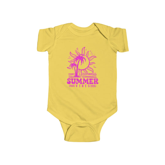 A yellow baby bodysuit featuring a pink sun and palm trees, perfect for summer vibes. Made of 100% cotton, with ribbed knit bindings and plastic snaps for easy changes. From Worlds Worst Tees.