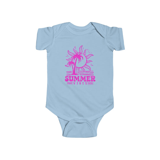A baby bodysuit featuring a pink glittery sun and palm trees design. Made of 100% cotton, light fabric with ribbed knitting for durability. Plastic snaps at the closure for easy changing access. Summer Vibes Onesie from Worlds Worst Tees.