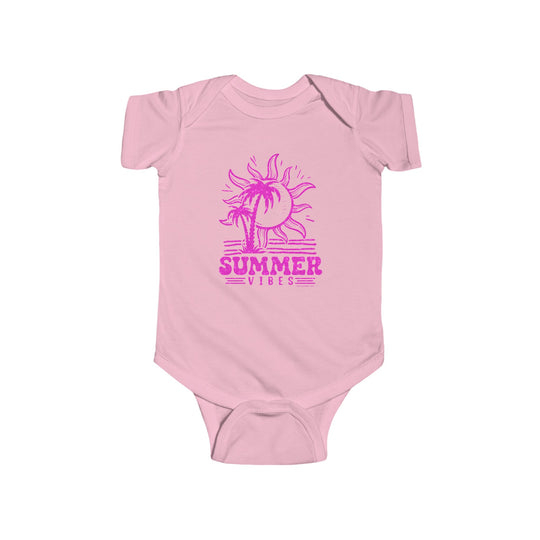 A pink baby bodysuit featuring a sun and palm tree design, ideal for summer vibes. Made of 100% cotton, with ribbed knit bindings for durability and plastic snaps for easy changes. From Worlds Worst Tees.