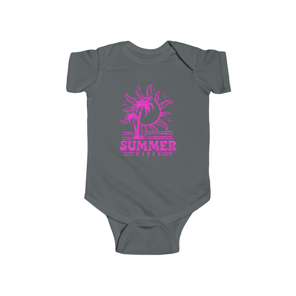 A grey baby bodysuit featuring a pink sun and palm trees, embodying Summer Vibes Onesie by Worlds Worst Tees. Made of 100% cotton, with ribbed bindings and plastic snaps for easy changing access. Sizes range from 0-3M to 24M.