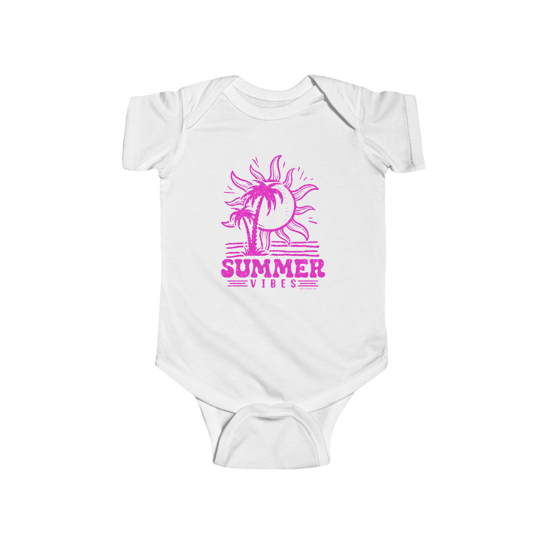 Infant fine jersey bodysuit featuring a pink sun and palm trees design, ideal for summer vibes. Made of 100% cotton with ribbed bindings and plastic snaps for easy changing access. From Worlds Worst Tees.