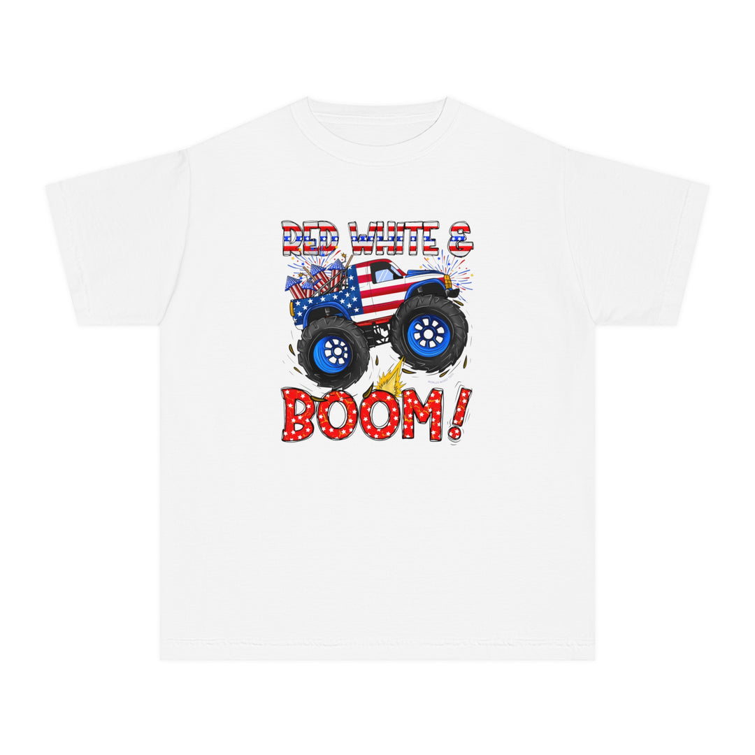 A white kid's tee with a monster truck design, ideal for active days. 100% cotton, soft-washed, and garment-dyed for comfort. Classic fit for all-day wear. Red White and Boom Kids Tee by Worlds Worst Tees.