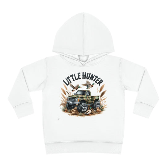 Little Hunter Toddler Hoodie featuring a truck and bird design, ideal for durable comfort. Jersey-lined hood, cover-stitched details, and side seam pockets for cozy wear. 60% cotton, 40% polyester blend.
