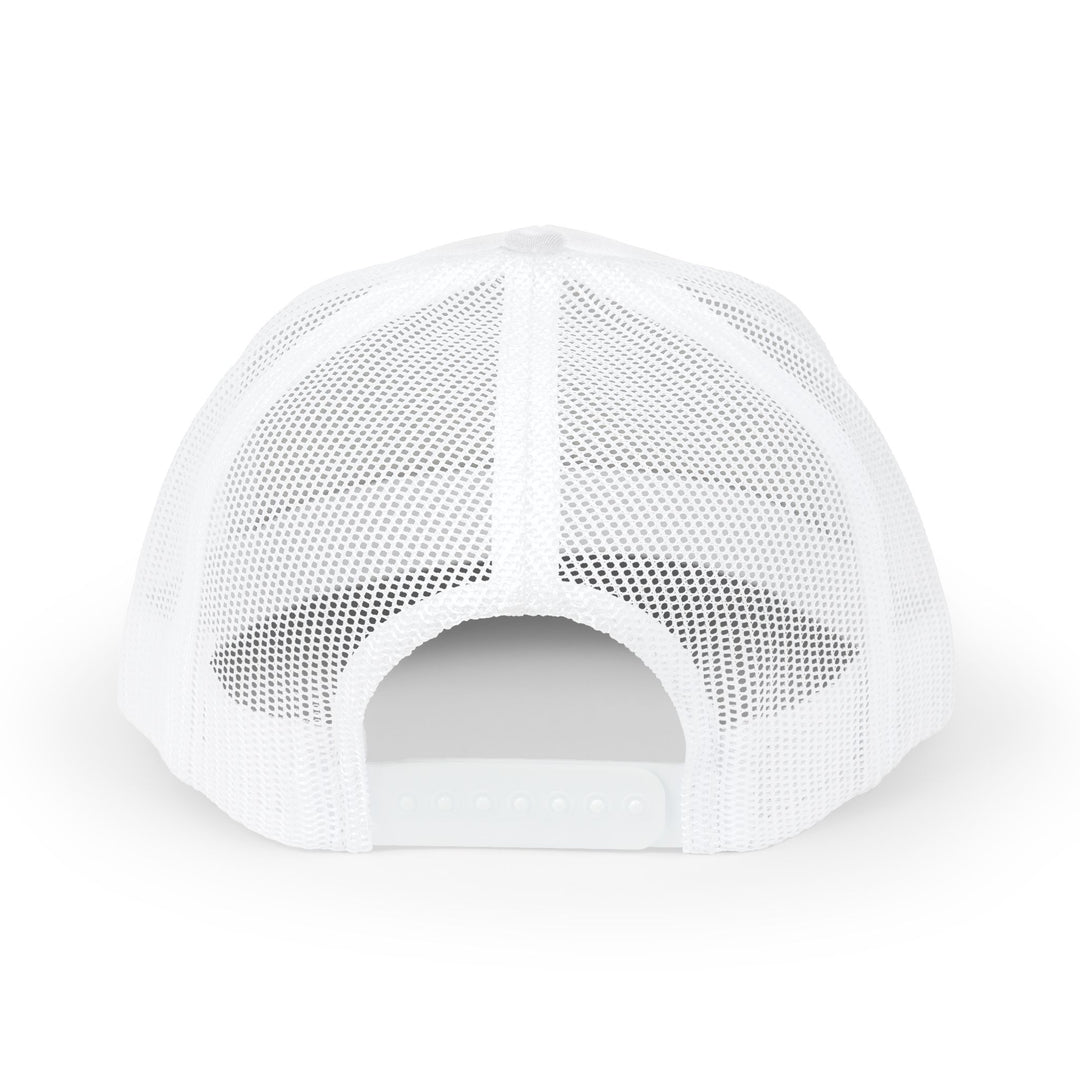 Grammy Snapback Trucker Cap with mid-profile fit, 6-panel design, pre-curved visor, cotton sweatband, and adjustable snap closure, offering stylish comfort and durability.