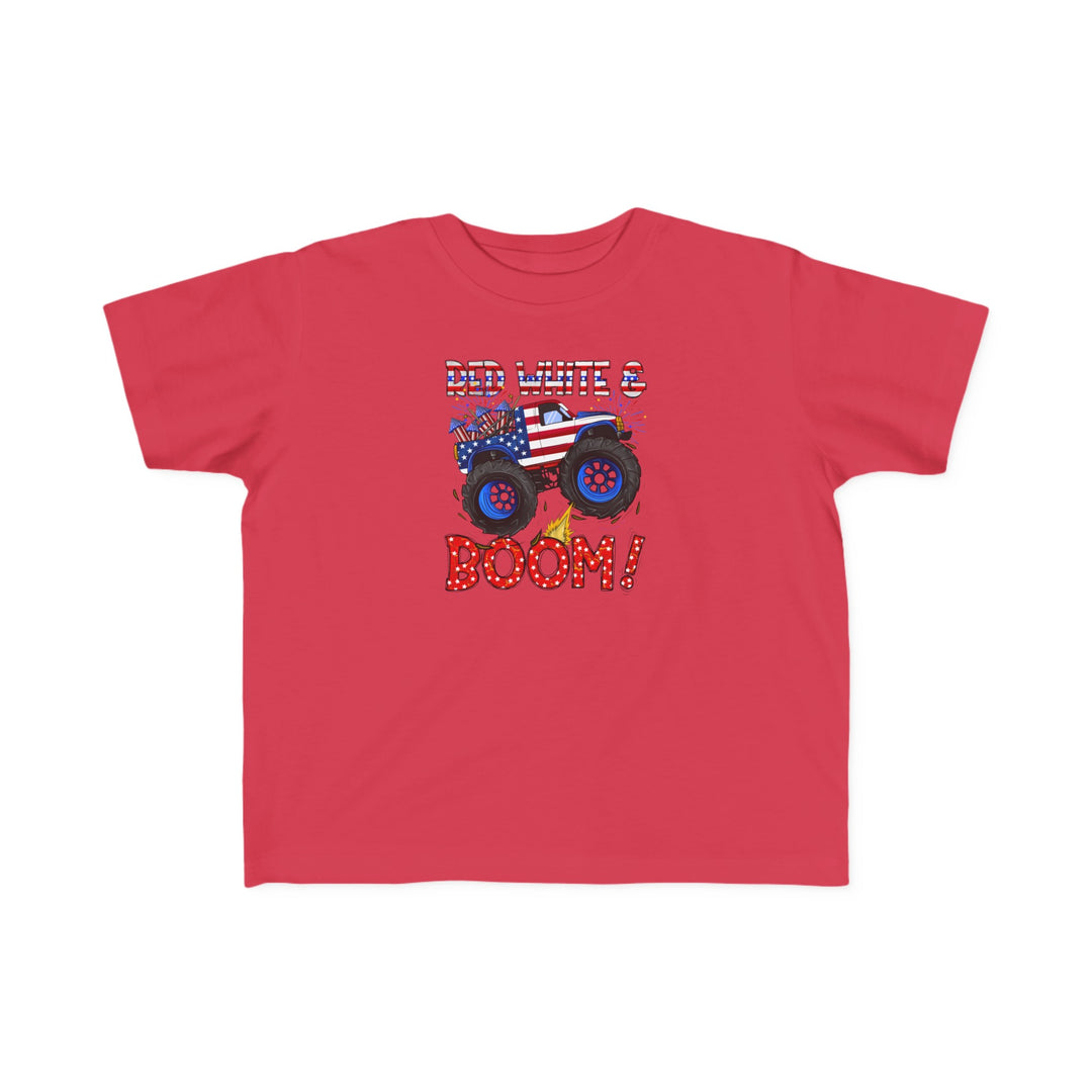 Red White and Boom Toddler Tee featuring a red shirt with a tractor and monster truck print, ideal for sensitive skin. 100% combed ringspun cotton, light fabric, tear-away label, classic fit, true to size.
