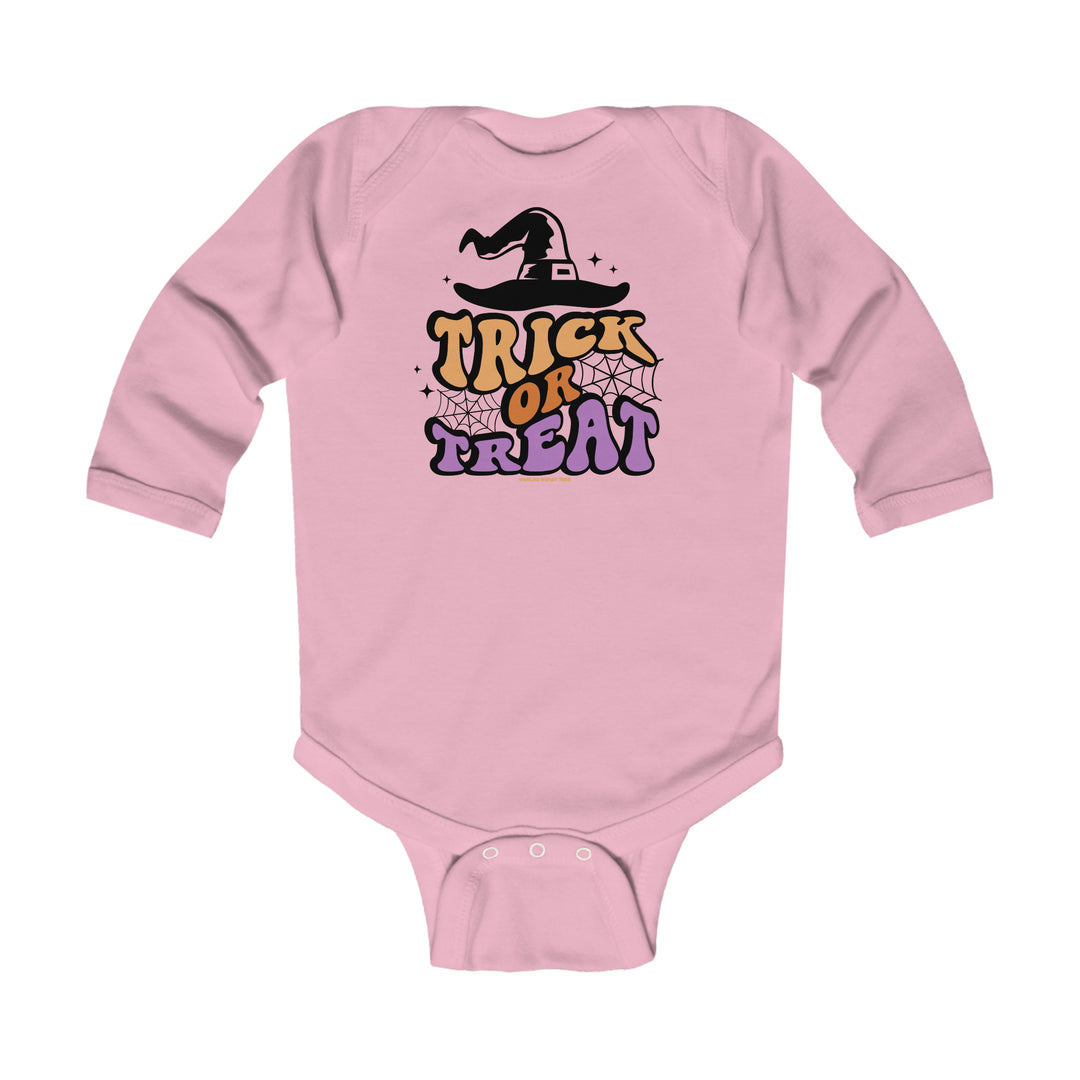 A baby pink long sleeve bodysuit featuring a person hat, perfect for Halloween. Made of soft cotton with plastic snaps for easy changing. From Worlds Worst Tees.