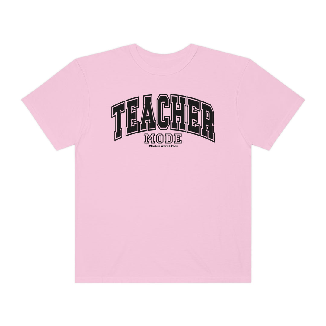 Unisex Teacher Mode Tee: Pink shirt with black text, relaxed fit, ring-spun cotton blend, medium-heavy fabric, rolled-forward shoulder, back neck patch. Ideal for comfort and style.