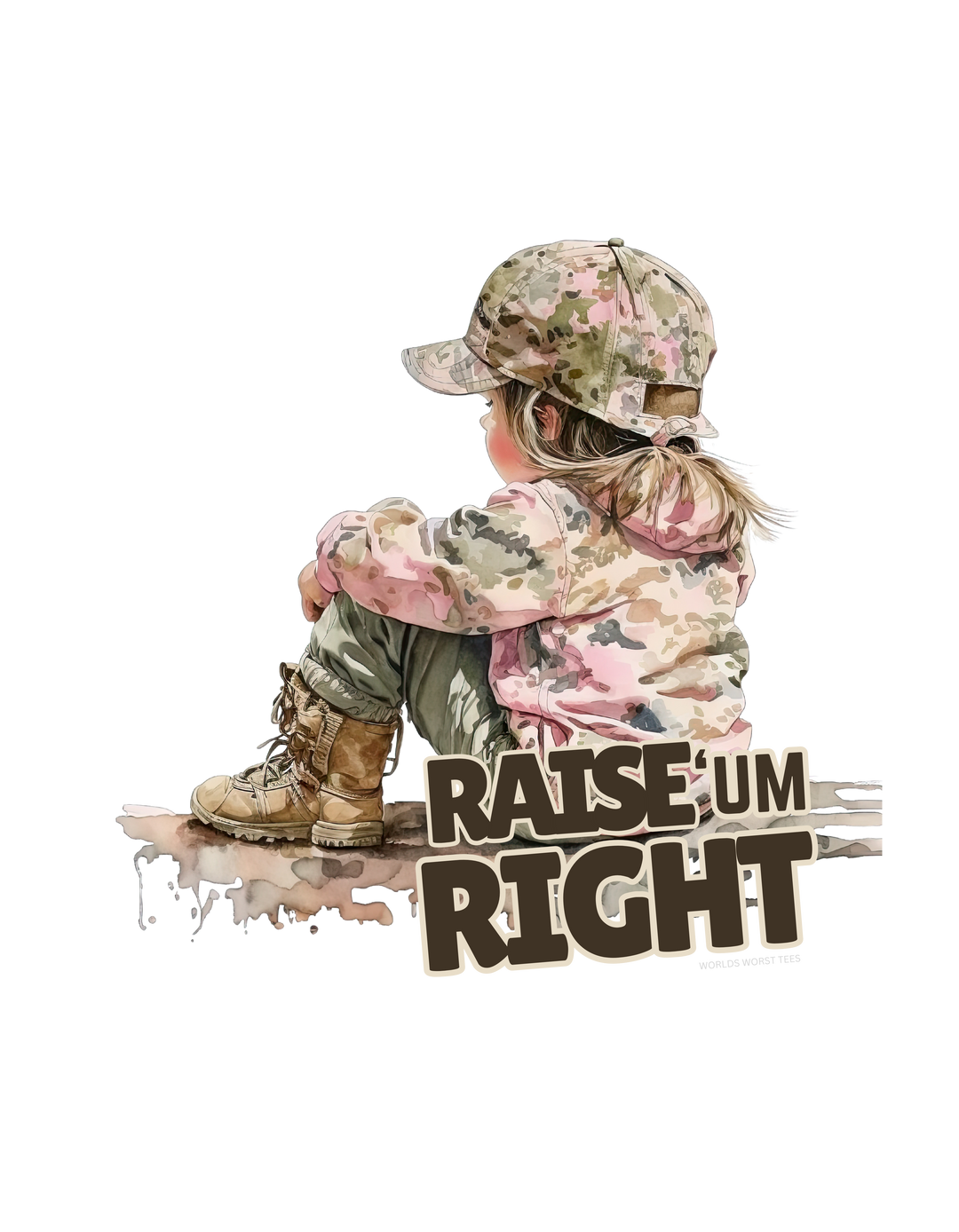 Child in camouflage outfit, wearing hat and jacket, featured on Raise Um Right Tee by Worlds Worst Tees. 100% ring-spun cotton, garment-dyed for coziness, with double-needle stitching for durability.