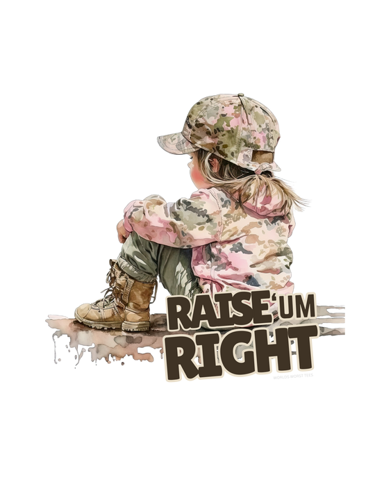 Child in camouflage outfit, wearing hat and jacket, featured on Raise Um Right Tee by Worlds Worst Tees. 100% ring-spun cotton, garment-dyed for coziness, with double-needle stitching for durability.