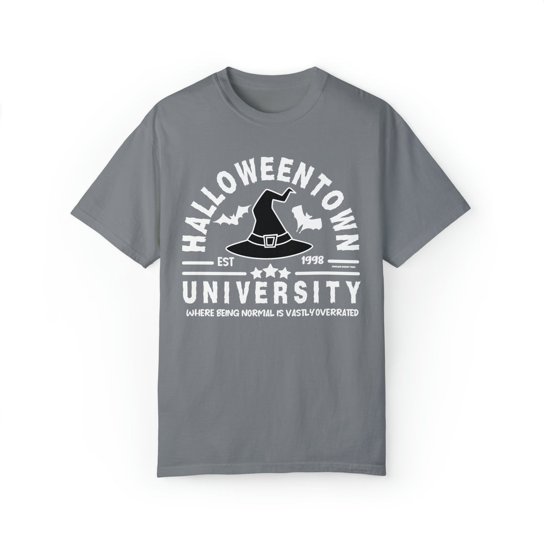 Unisex Halloweentown University Tee with hat design on grey t-shirt. Made of 80% ring-spun cotton, 20% polyester, relaxed fit, medium-heavy fabric. Perfect for a stylish and comfortable look.