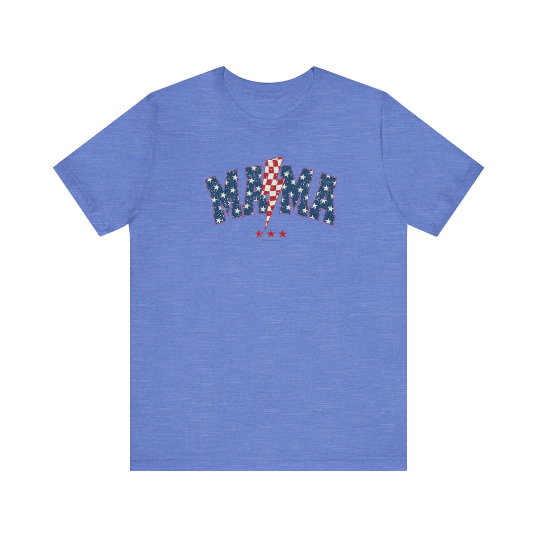 Blue t-shirt with lightning bolt and stars, 4th Mama Tee. Unisex jersey tee in 100% cotton, retail fit, ribbed knit collars, taping on shoulders, tear away label. Sizes XS-3XL.