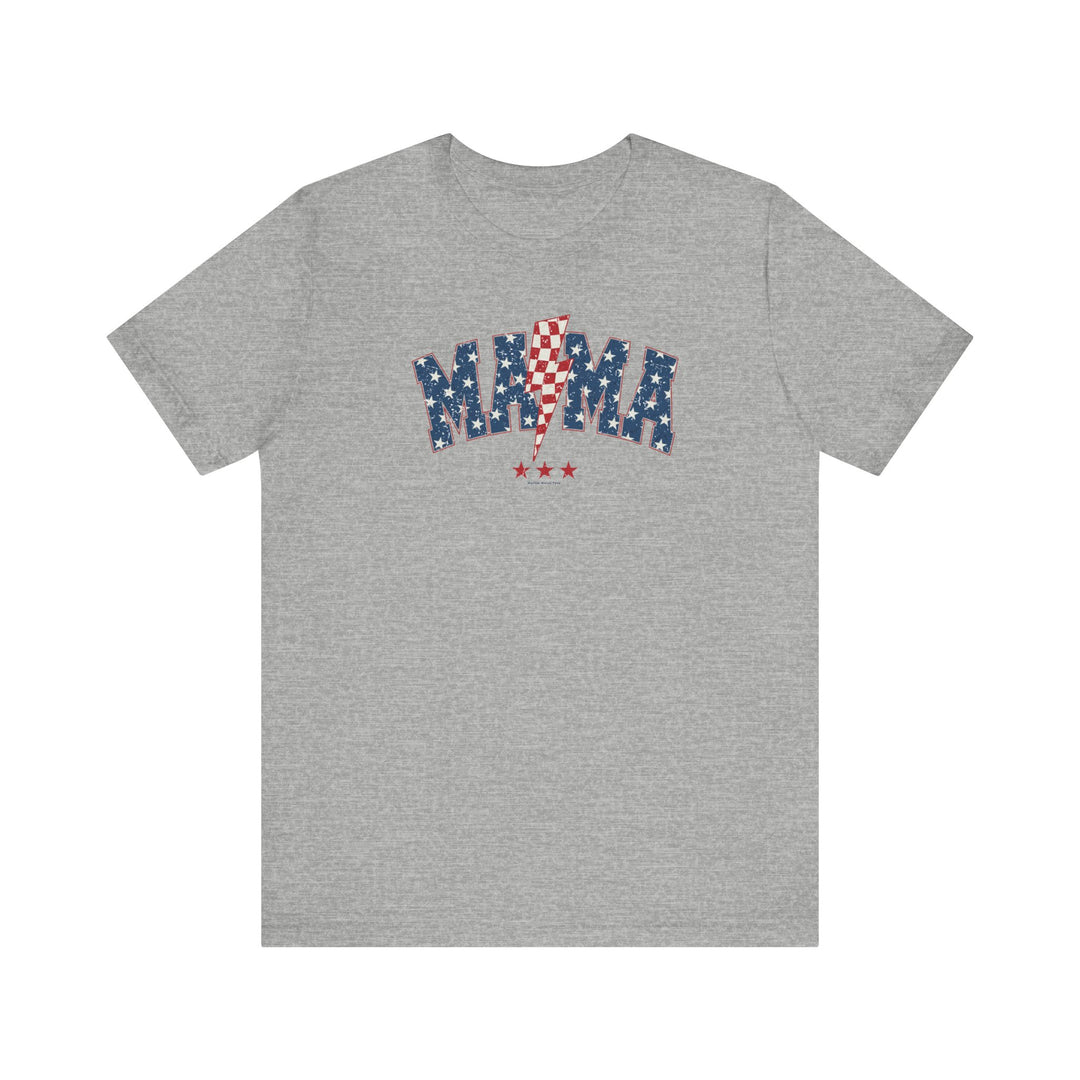 A grey unisex jersey tee featuring a red, white, and blue graphic with stars and lightning bolt. Made of 100% Airlume combed cotton, retail fit, tear away label, and ribbed knit collars for a comfortable fit.