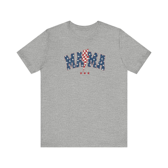 A grey unisex jersey tee featuring a red, white, and blue graphic with stars and lightning bolt. Made of 100% Airlume combed cotton, retail fit, tear away label, and ribbed knit collars for a comfortable fit.