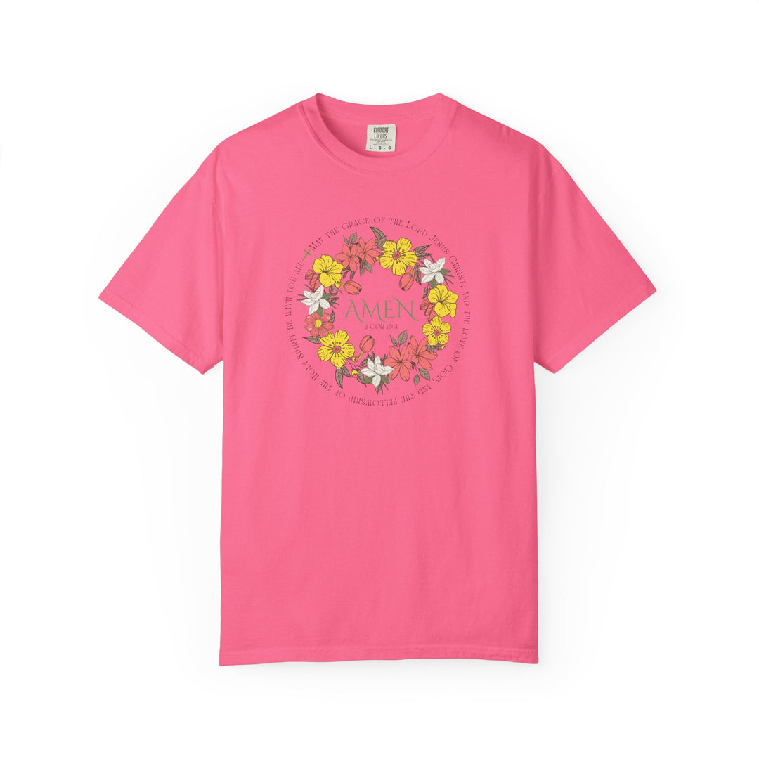 Amen Tee featuring a floral design, close-up view highlighting its soft, ring-spun cotton fabric and durable double-needle stitching for a comfortable, everyday fit.