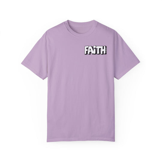 A purple Walk By Faith Not By Sight Tee, featuring white text and a logo. 100% ring-spun cotton, garment-dyed for coziness, with a relaxed fit and durable double-needle stitching. From Worlds Worst Tees.