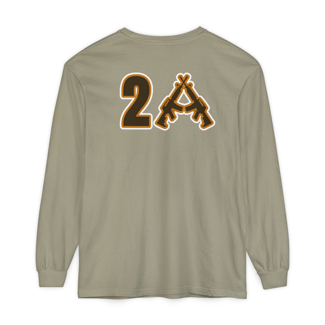Back view of the 2A Long Sleeve Tee in khaki, featuring a bold 2A graphic with crossed rifles near the shoulders, offering a relaxed, stylish fit.