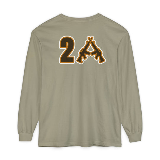 Back view of the 2A Long Sleeve Tee in khaki, featuring a bold 2A graphic with crossed rifles near the shoulders, offering a relaxed, stylish fit.