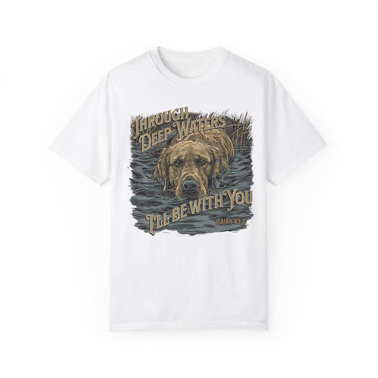 A relaxed fit Through Deep Waters Hunting Tee, featuring a dog design on a white t-shirt. Made of 100% ring-spun cotton for comfort and durability. Ideal for daily wear with double-needle stitching and seamless sides.