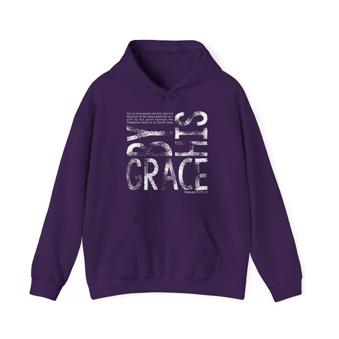 Deep-purple unisex hoodie with MY GRACE FITS print and scripture, featuring a kangaroo pocket, perfect for cozy comfort.