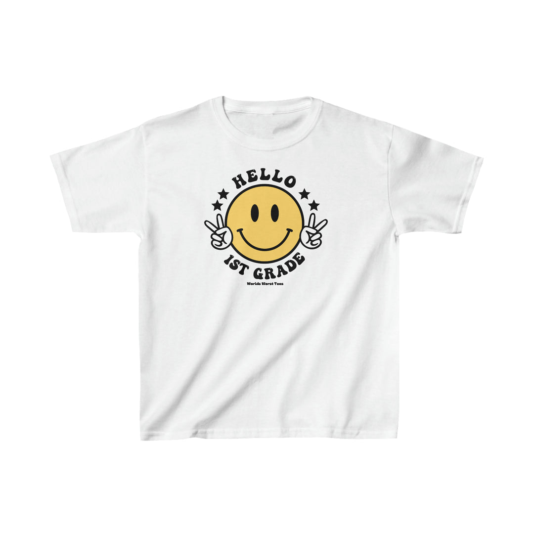 A white kids tee featuring a yellow smiley face and peace signs. Made of 100% cotton, light fabric, with a classic fit and tear-away label. Ideal for everyday wear. From Worlds Worst Tees.