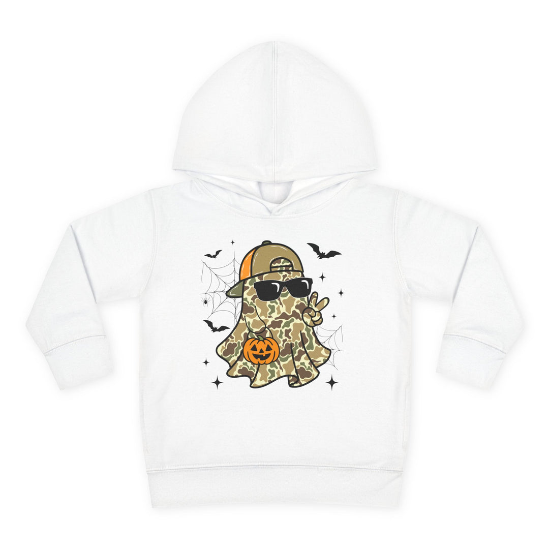 Candy Ghost Toddler Hoodie featuring a cartoon ghost in camo, sunglasses, and cap, holding a jack-o’-lantern with bats and spider web accents.