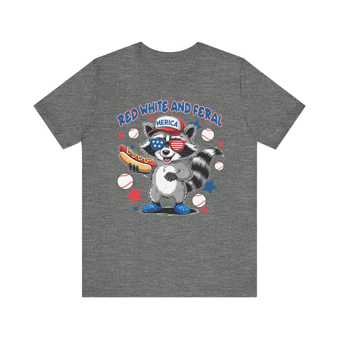 Red White and Feral Baseball 4th Tee, a unisex jersey with ribbed knit collars and tapered shoulders, offers a soft cotton fit and durable dual side seams.