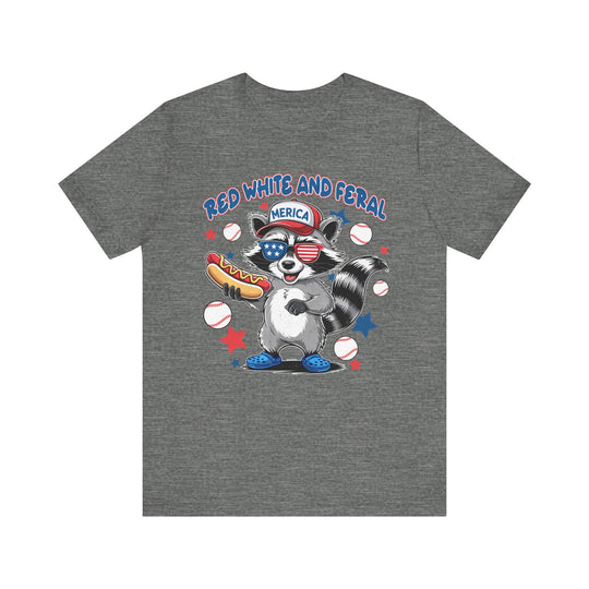 Red White and Feral Baseball 4th Tee, a unisex jersey with ribbed knit collars and tapered shoulders, offers a soft cotton fit and durable dual side seams.