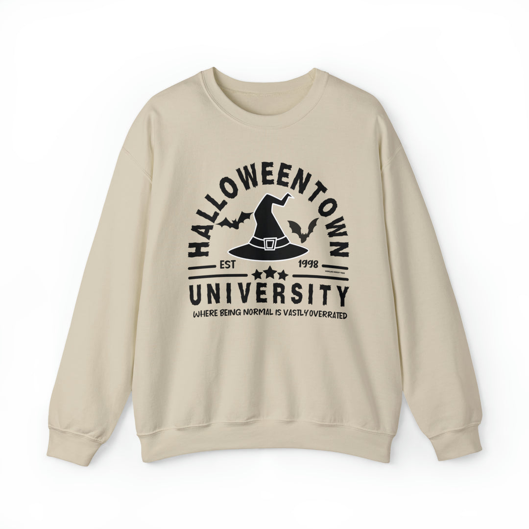 Unisex Halloweentown University Crew sweatshirt. Heavy blend fabric, ribbed knit collar, no itchy side seams. 50% cotton, 50% polyester. Loose fit, sewn-in label, true to size.