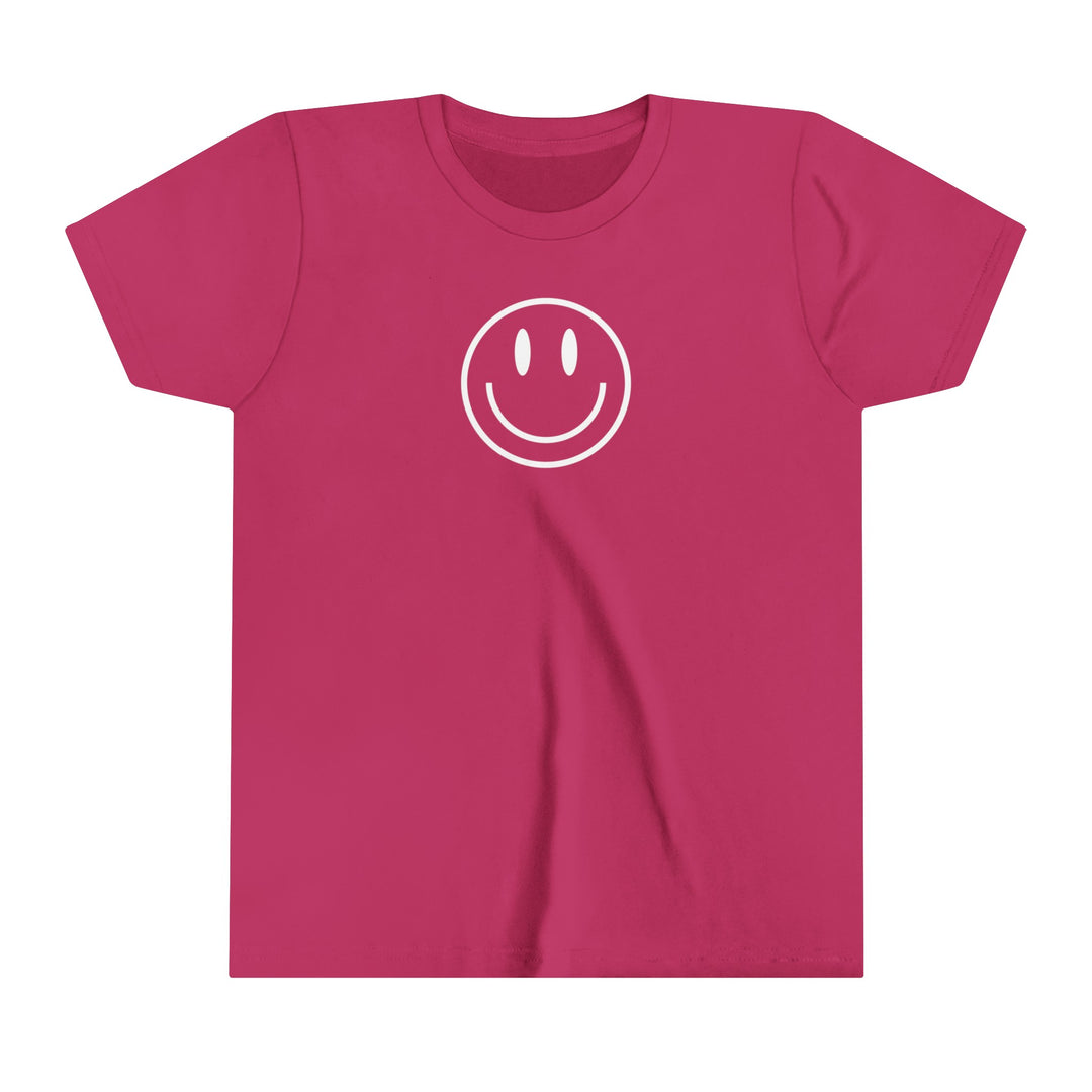 Youth short sleeve tee with a pink smiley face design. Lightweight and comfortable, perfect for kids. Made of 100% Airlume combed cotton. Retail fit with tear away label. Ideal for custom artwork.